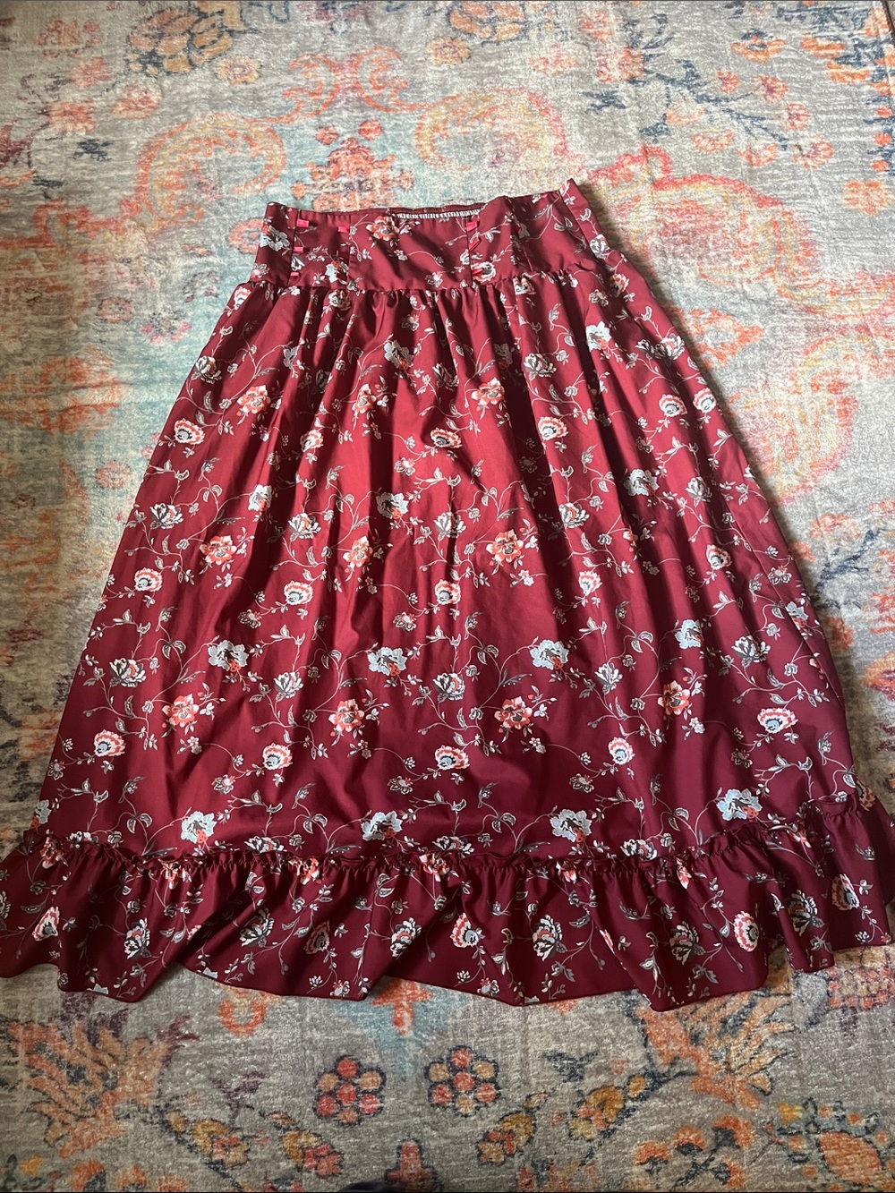 SHEIN Burgundy Floral Maxi Skirt with Ruffle Hem
